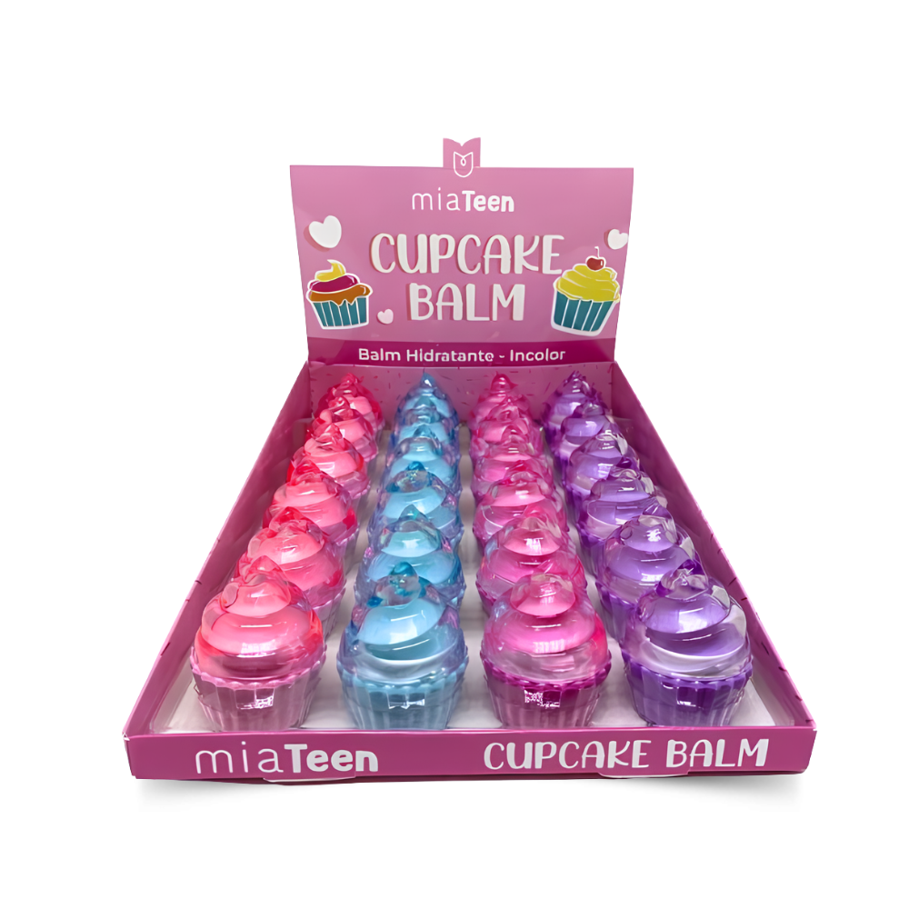 Balm Labial Hidratante Cupcake Mia Teen – Box com 24 Unidades