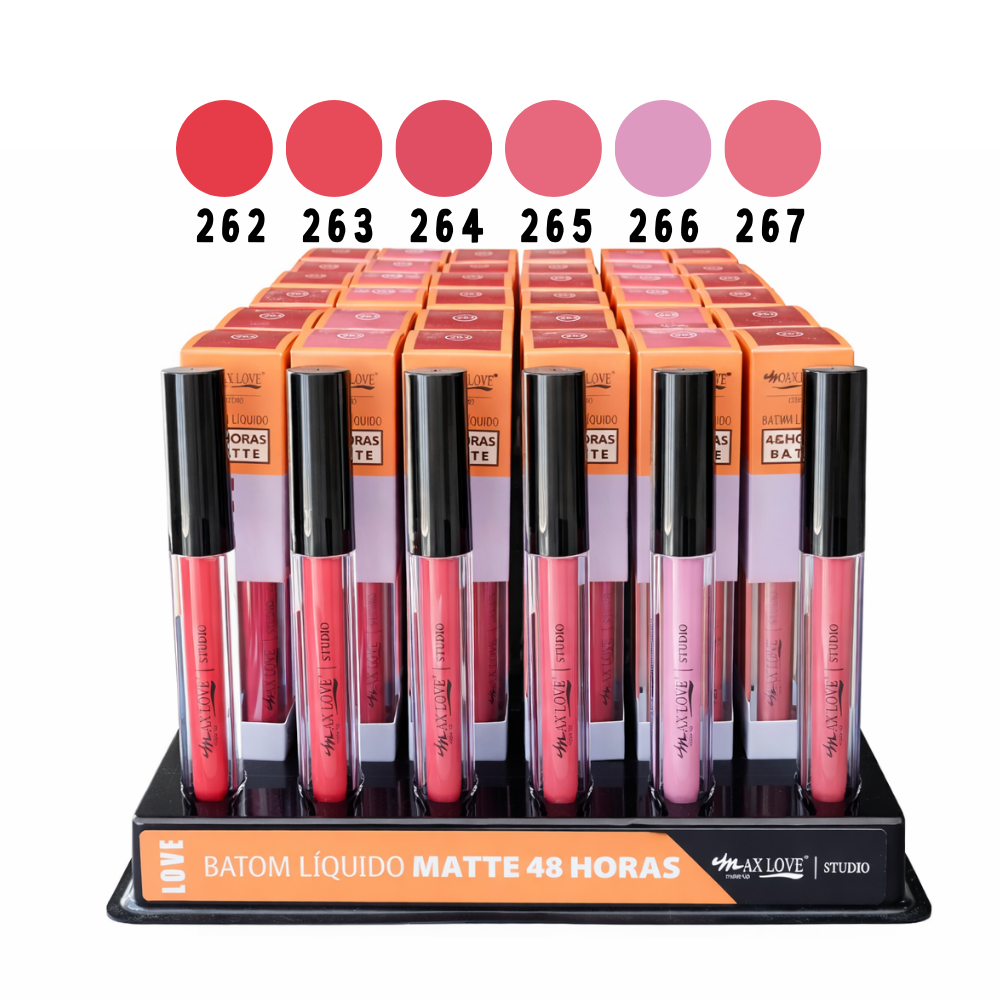 Batom Líquido 24h Nude Max Love – Box com 48 Unidades (Cores 262 a 267)