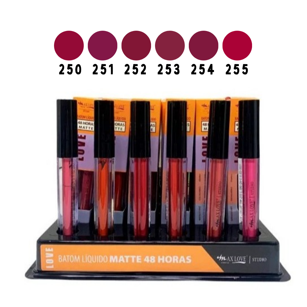 Batom Líquido 24h Nude Max Love – Box com 48 Unidades (Cores 250 a 255)