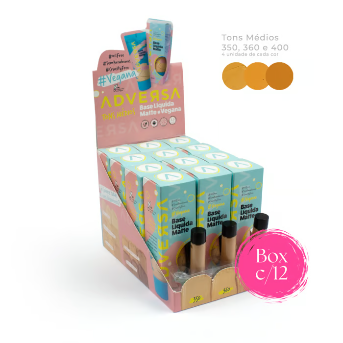Base Líquida Matte Vegana Adversa – Box com 12 Unidades (Cores 350, 360 e 400)
