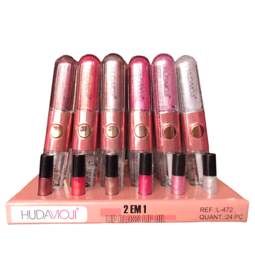 Box C/ 24 Unidades Lip Gloss 2 Em 1 Duplo Toque Hudamoji R$: 9,50