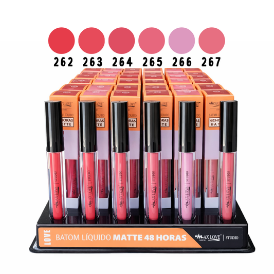 Batom Líquido 24h Nude Max Love – Box com 48 Unidades (Cores 262 a 267)