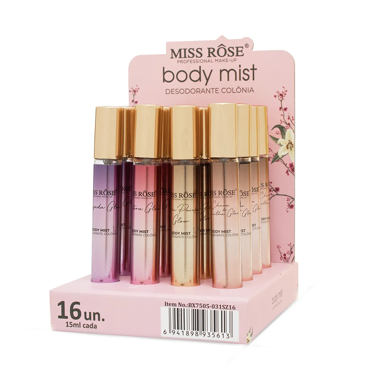 Body Mist Deo Colônia Glow Miss Rôse – Box com 16 Unidades