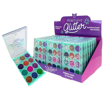 Box C/ 24 Unidades Paleta De Glitter C/ 12 Cores Mia Make R$: 8,60