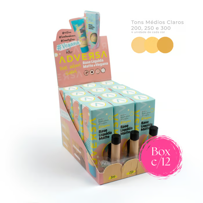 Base Líquida Matte Vegana Adversa – Box com 12 Unidades (Cores 200, 250 e 300)