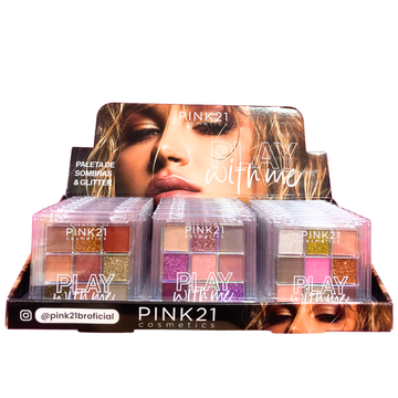 Box Paleta de Sombras e Glitter Play With Me Pink21 Cosmeticos - 24 Unidades