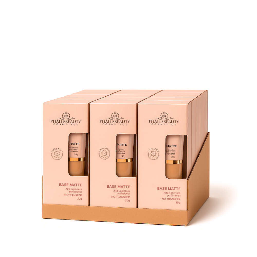 Base Matte Alta Cobertura Profissional Phallebeauty – Box com 12 Unidades (Cor 02)