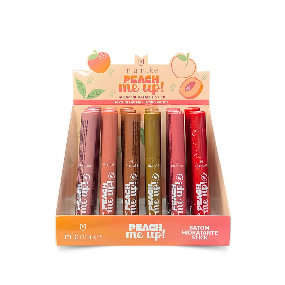 Batom Hidratante Stick Peach Me Up Mia Make – Box com 24 Unidades